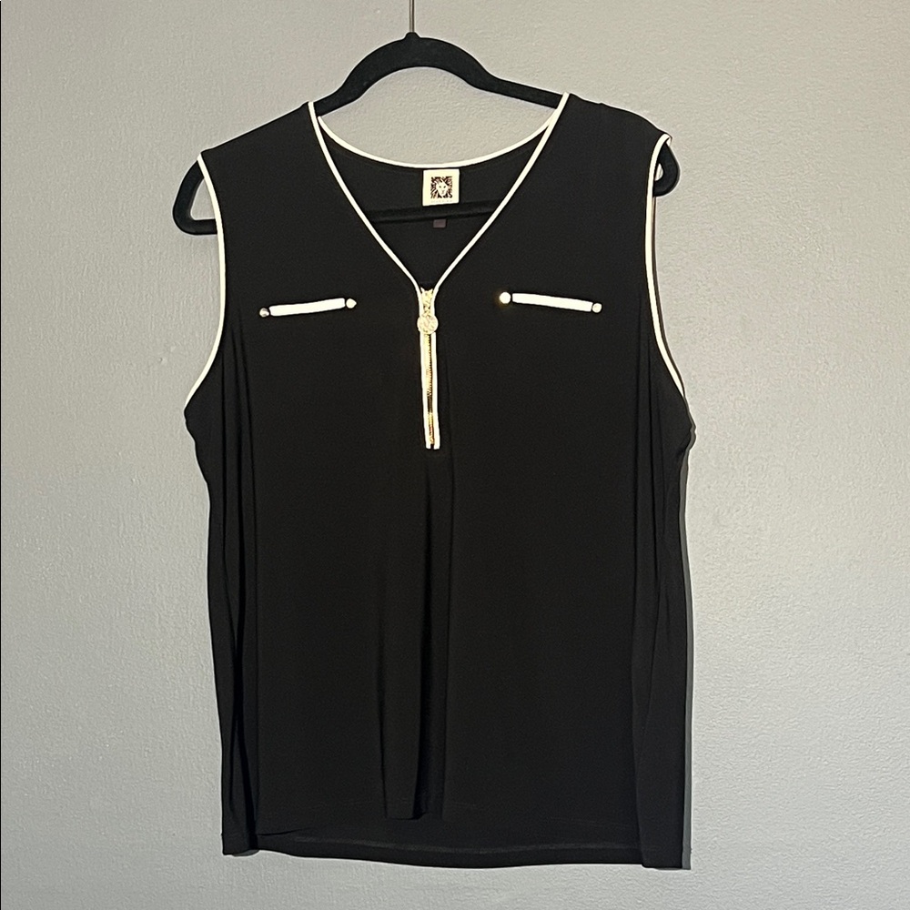 Anne Klein Black Sleeveless Top with White Trim & Gold Zip